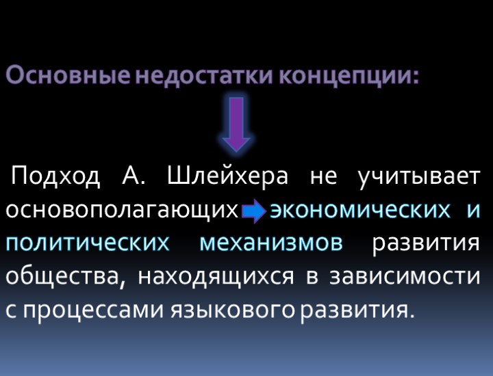 Основные недостатки концепции: Подход А. Шлейхера не учитывает основополагающих экономических и политических механизмов развития